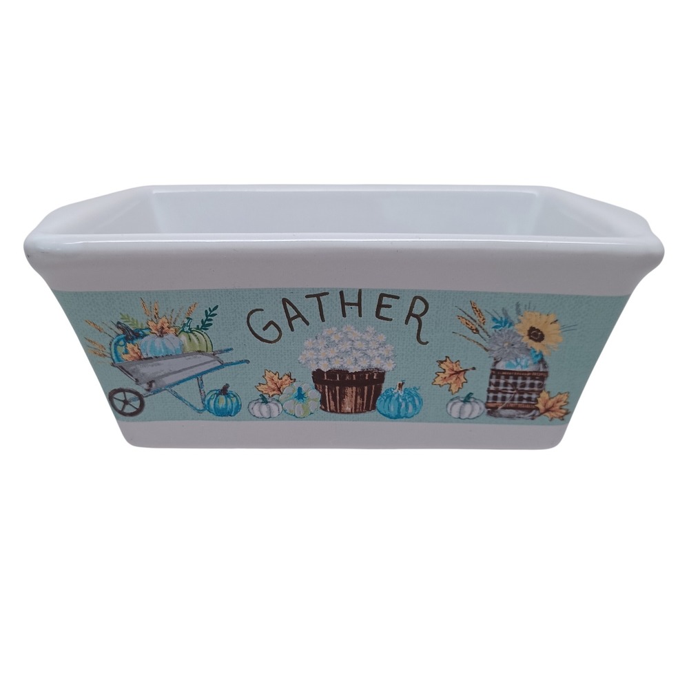 Royal Norfolk Gather Harvest Ceramic Mini Loaf Pan Teal Pumpkin Fall Stoneware